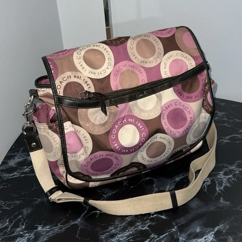 Coach Signature Snaphead F18377 Pink Multifunction Diaper Baby Messenger Bag Pad